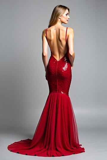 Robe de bal à bretelles spaghetti rouge sirène à col en V à sequins